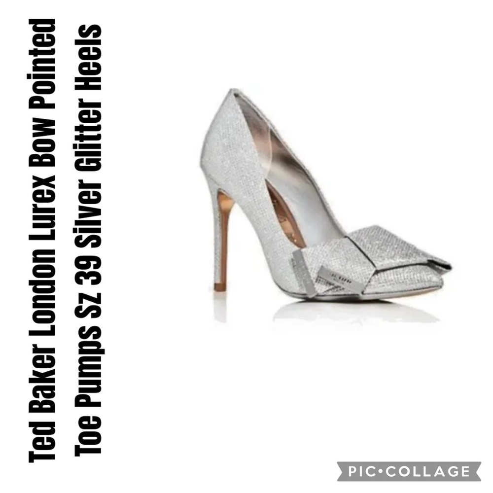 Ted Baker London Lurex Bow Pointed Toe Pumps Sz 39 Silver Glitter Heels